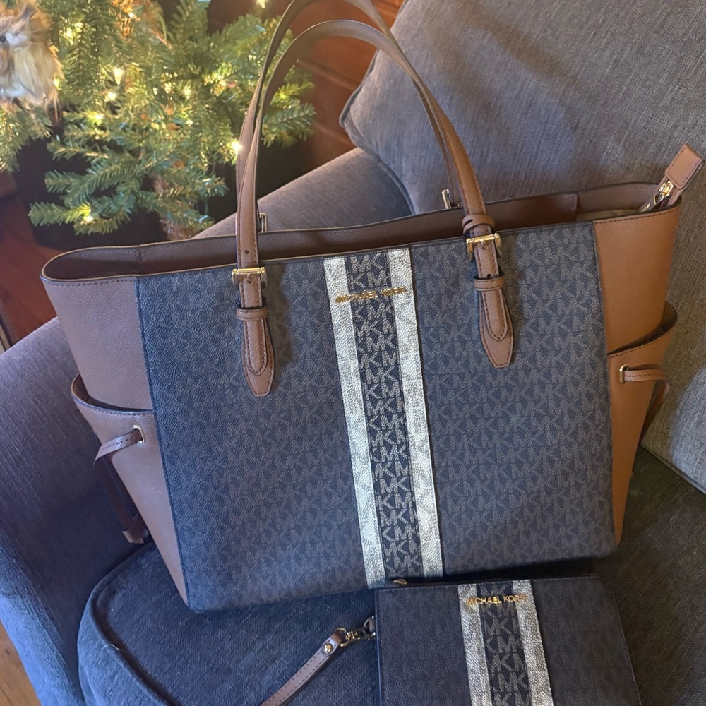 Michael Kors Brown and Navy Tote with White Stripes